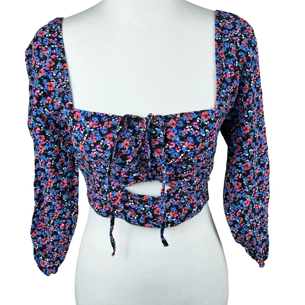 Zara Colorful Floral Convertible Halter 3/4 Sleeve Off Shoulder Crop Top Medium